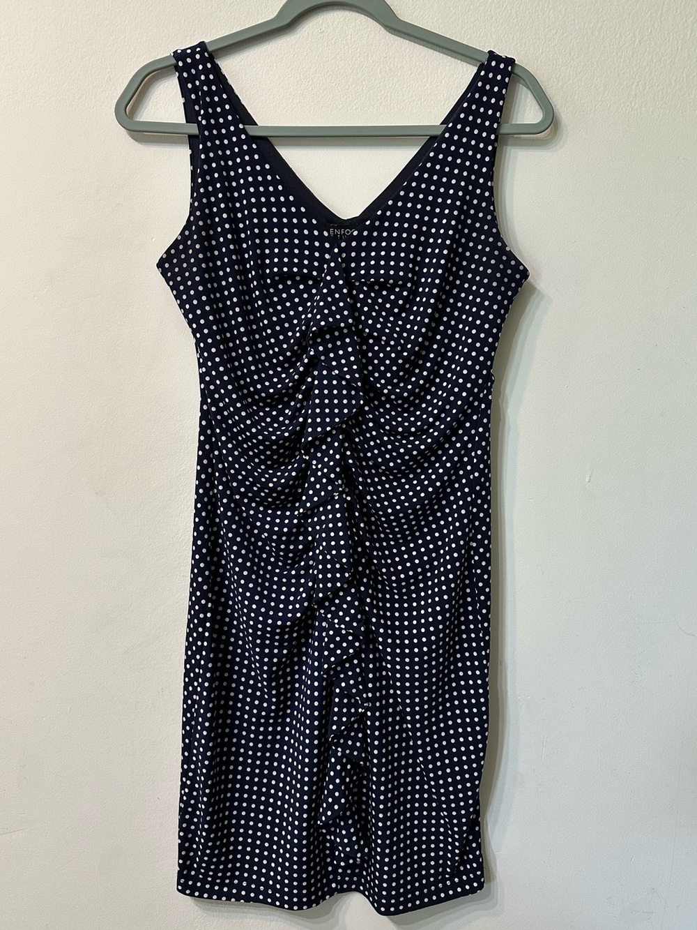 Enfocus Studio Navy Blue and White Polka Dot Ruched Mini Dress